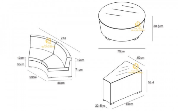 Kích thước sofa giả mây QD-622 được tách ra từng sản phẩm riêng lẻ thể hiện kích thước qua từng hình