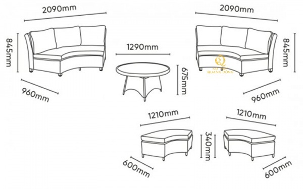 Sofa giả mây QD-627 được thể hiện kích thước rõ ràng qua bản vẽ