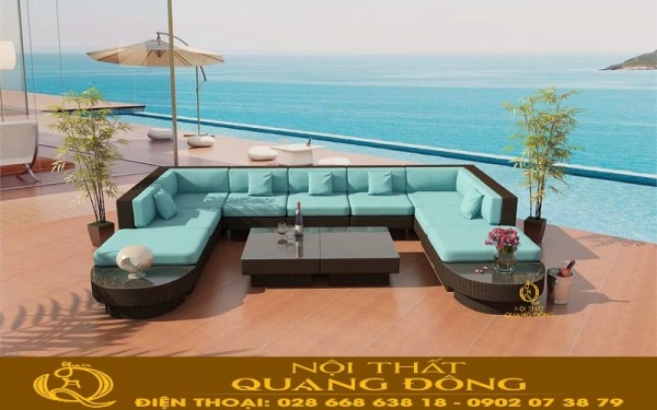Màu nâu cafe của sợi mây nhựa kết hợp nệm xanh biển đầy sức sống của sofa QD-643