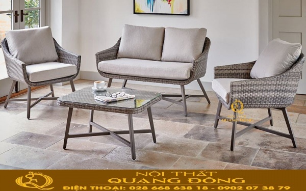 Sofa giả mây QD-667 sử dụng sợi mây nhựa bán nguyệt cao cấp bởi cách đan lóng mốt truyền thống