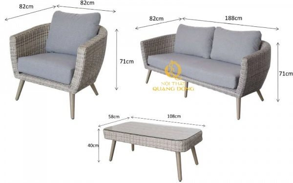 Kích thước chi tiết sofa giả mây QD-681 được thể hiện trên bản vẽ