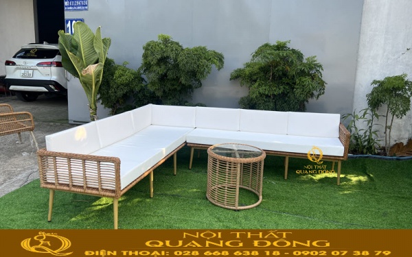 Sofa giả mây QD-744 mẫu sofa góc chuyên dụng cho không gian sân vườn ngoài trời, bền đẹp với sợi mây nhựa tròn 8 ly