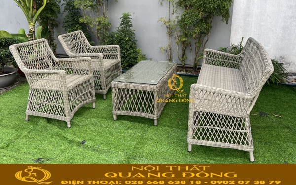 Bộ sofa ngoài trời chất liệu nhựa giả mây QD-747 đan thủ công mỹ nghệ bằng sợi mây nhựa tròn, kết hợp kiểu đan ca rô thoáng đáng