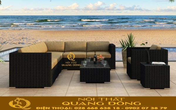 Sofa mây nhựa QD-714 bộ sofa góc màu đen khi kết hợp với nệm màu vàng cát