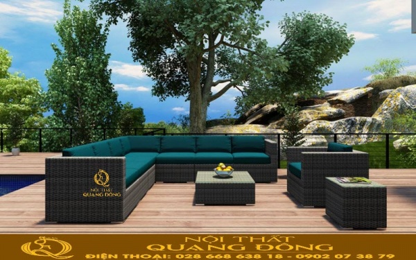 Sofa mây nhựa QD-715 màu xám chu kỳ kết hợp nệm lót và tựa lưng xanh ngọc nổi bật