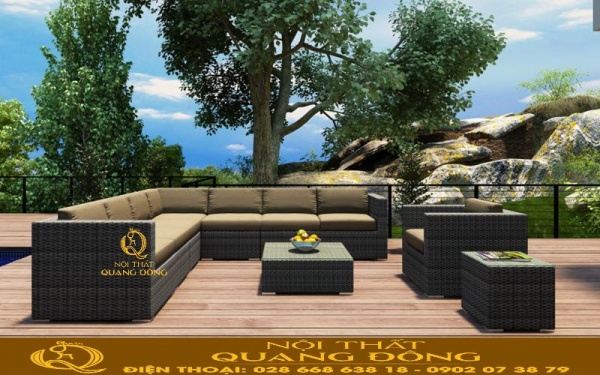 Sofa mây nhựa QD-715 kết hợp thêm nệm vàng cát