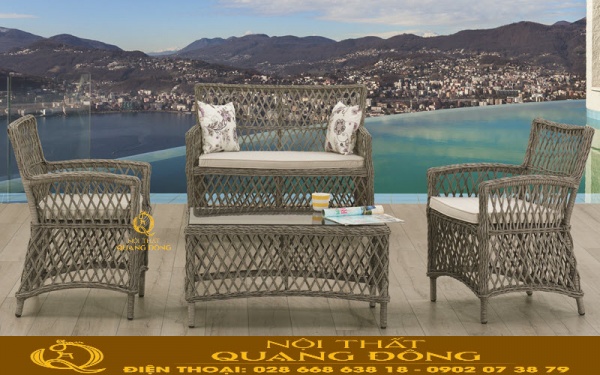 Sofa giả mây QD-717 kiểu dáng thanh gọn, đan ca rô thoáng đãng