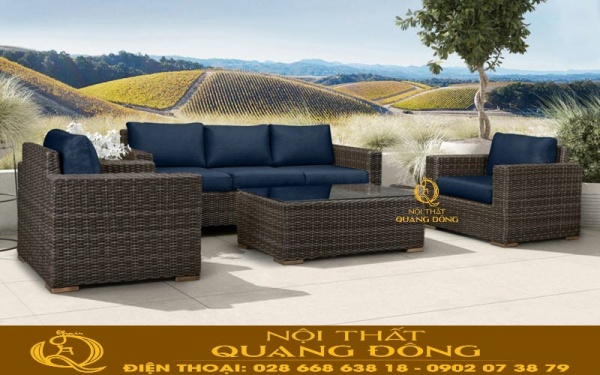 Sofa mây nhựa QD-723 nệm lót và tựa lưng, nệm màu xanh đen