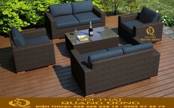 Sofa mây nhựa QD-725 kết hợp thêm nệm lót màu xanh đen