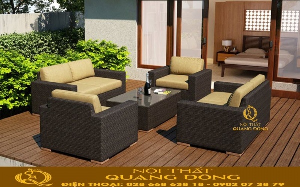Sofa mây nhựa QD-725 nệm màu vàng cát