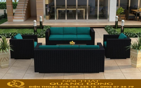 Sofa mây nhựa dành cho mọi không gian Sofa mây nhựa QD-726 sử dụng nệm lót và tựa lưng màu xanh lá