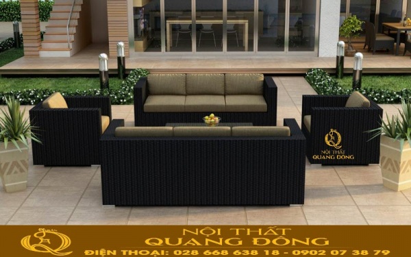 Sofa mây nhựa hiện đại Sofa mây nhựa QD-726 sử dụng kèm nệm màu vàng cát