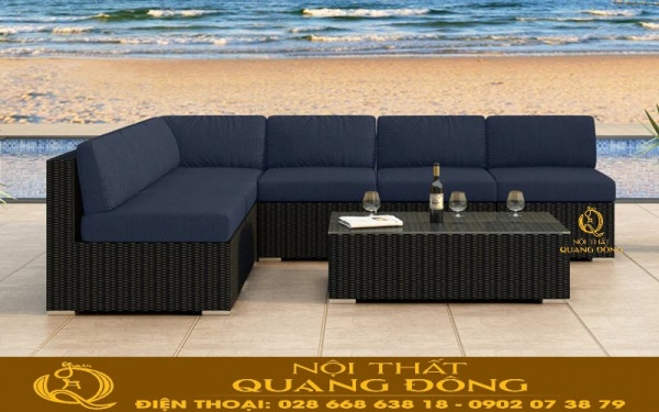 Sofa mây nhựa QD-727 kết hợp nệm xanh đen thể hiện sự cá tính, thanh lịch