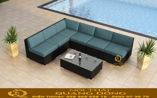 Sofa mây nhựa QD-727 được đan từ sợi mây nhựa bán nguyệt màu đen kết hợp nệm lót màu xanh ngọc thêm sự êm ái, sang trọng