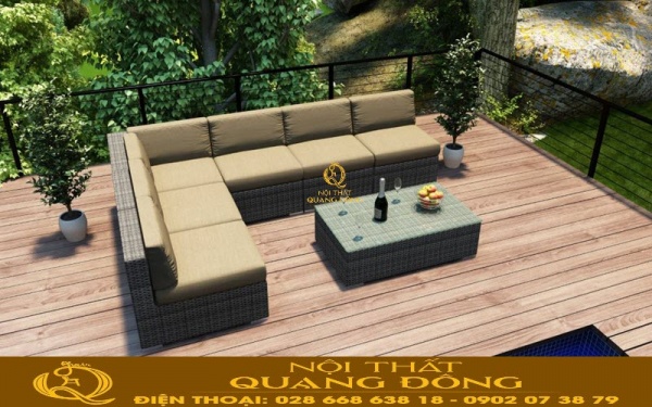 Sofa mây nhựa QD-728 sử dụng nệm lót đi kèm màu vàng cát