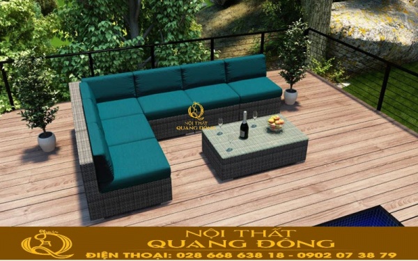 Sofa mây nhựa QD-728 kèm nệm lót màu xanh lá nhẹ nhàng, thanh thoát