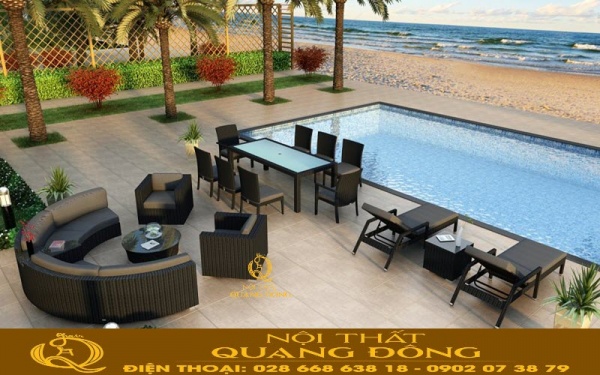 Sofa mây nhựa QD-731 màu đen khi kết hợp nệm lót xám 