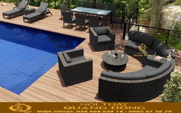 Sofa mây nhựa thêm nệm lót tạo sự bắt mắt cho không gian Sofa mây nhựa QD-732 sử dụng thêm nệm màu xám đậm