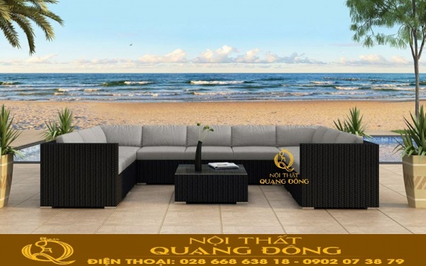 Sofa mây nhựa QD-733 kết hợp nệm màu xám nhạt nhẹ nhàng thân thiện