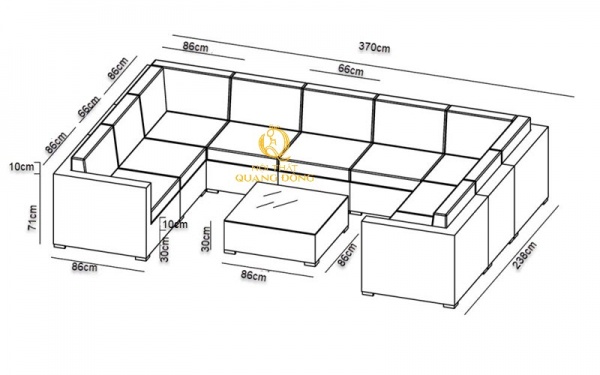Kích thước sofa mây nhựa QD-733 được phác thảo lên từ bản vẽ 3D của công ty Nội Thất Quang Đông
