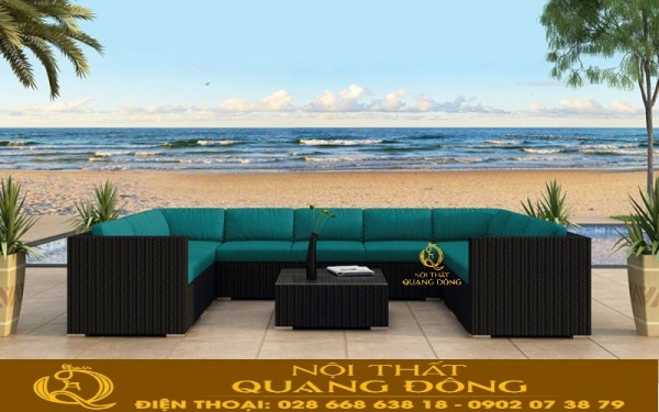 Sofa mây nhựa QD-733 kèm theo nệm lót màu xanh lá