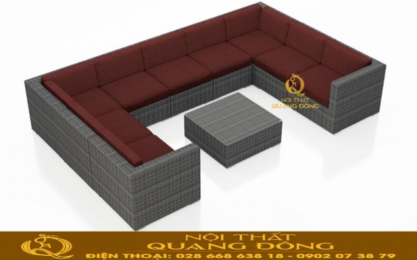 Sofa mây nhựa kèm theo nệm đỏ Sofa mây nhựa QD-734 màu xám chu kỳ kèm theo nệm lót màu đỏ đô