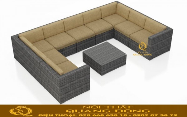 Sofa mây nhựa QD-734 kèm nệm vàng ấm áp Sofa mây nhựa QD-734 tạo hình chữ U vuông vức kèm theo nệm màu vàng cát