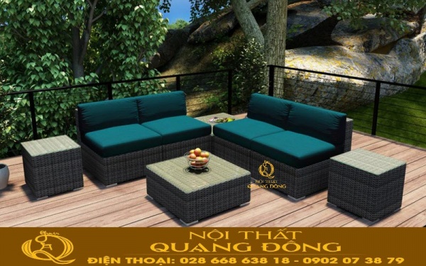 Sofa mây nhựa QD-737 mặt bàn bằng kính trắng sang trọng Sofa mây nhựa với thiết kế bàn vuông, mặt bàn bằng kính trắng 8 ly chịu lực sang trọng
