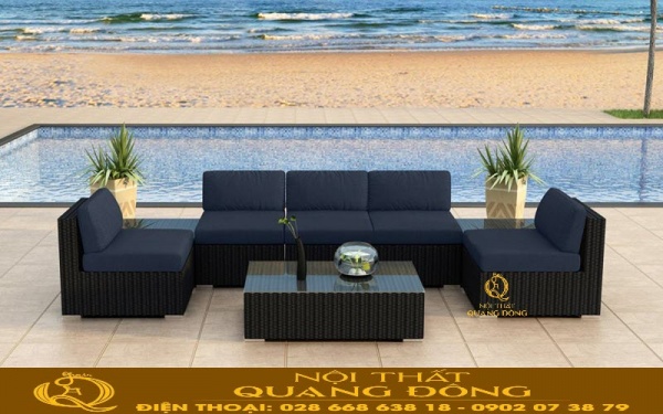 Sofa mây nhựa QD-738 kết hợp nệm lót màu xanh đen