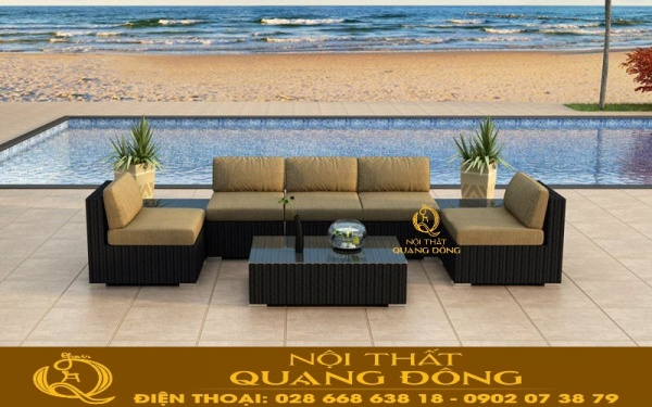 Sofa mây nhựa  ngoài trời QD-738 đi kèm nệm màu vàng cát