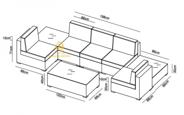 Kích thước tiêu chuẩn bộ sofa mây nhựa QD-739