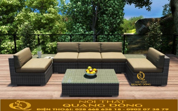Sofa mây nhựa QD-739 kết hợp nệm màu vàng cát vải ngoài trời polyester chống thấm trượt nước cao cấp