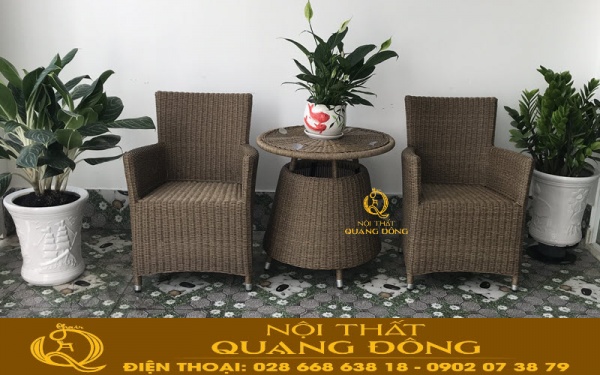 Bàn ghế đan nhựa giả mây thủ công bằng sợi nhựa tròn có hoạt chất kháng UV tia cực tím chuyên dùng ngoài trời