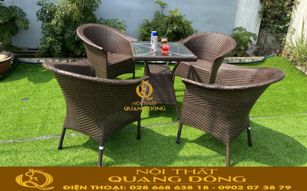 bàn ghế đan mây nhựa QD-074 dành cho quán cafe với giá thành hợp lý chất lượng