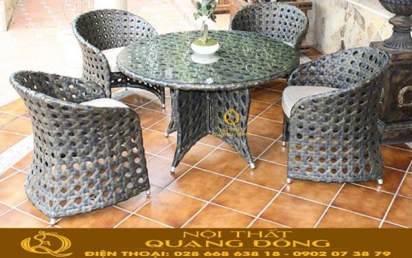 Bộ bàn ghế giả mây QD-2020 đan mắt cáo thoáng mát cho quán cafe khu resort