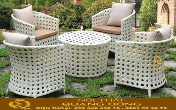Ghế mây nhựa dùng sân vườn - Bàn ghế giả mây QD-2028 Bộ bàn ghế giả mây QD-2028 dùng cho sân vườn ngoài trời