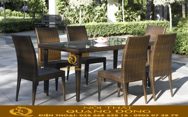  Bộ bàn ghế giả mây QD-2036 gồm 6 ghế và 1 bàn dài tuyệt phẩm làm bàn ăn BBQ ngoài trời, giúp không gian sống tiện nghi và hiện đại hơn