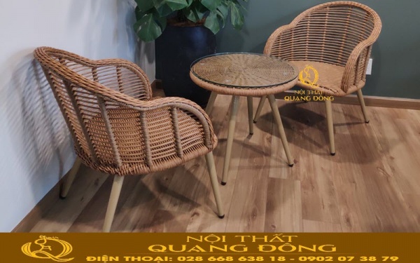 Mẫu bàn ghế giả mây QD-2046 đan sợi mây nhựa tròn bản 8 ly màu vân loang giống mây thật
