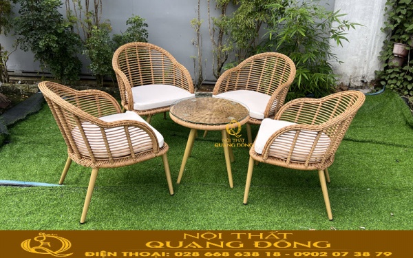 Mẫu bàn ghế ngoài trời đan nhựa giả mây sợi tròn bản lớn cực chất QD-2046