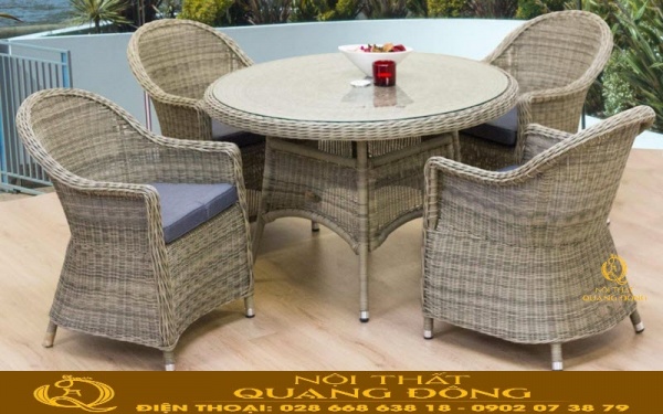 Mẫu ghế giả mây đan sợi mây nhựa tròn bền đẹp cho không gian QD-2069 Bàn ghế giả mây QD-2069 đan sợi mây nhựa tròn bền đẹp