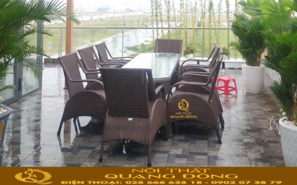 Bộ bàn 8 ghế làm bàn ăn ngoài trời sảnh sân thượng, mẫu bàn ghế giả mây QD-2076