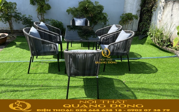 Bàn ghế giả mây QD-2087 sử dụng 6 ghế làm bàn ăn, bàn trà tiện nghi hơn cho ngoại thất sân vườn