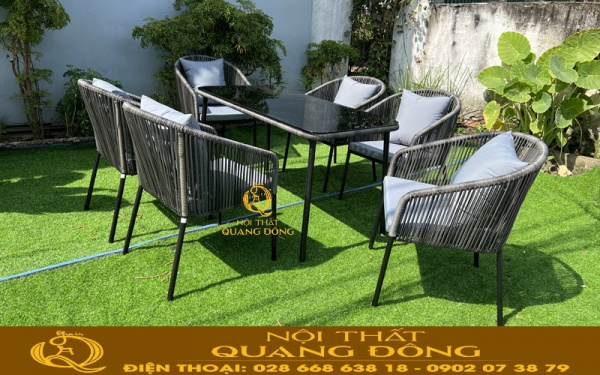 Bàn ghế giả mây QD-2087 với 6 ghế 1 bàn dài ứng dụng đa năng cho ngoại thất sân vườn