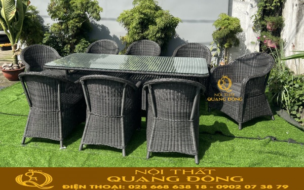 Bộ bàn ăn 8 ghế 1 bàn dài hình chữ nhật đan sợi tròn cao cấp mã QD-2091 giá 26 triệu một bộ