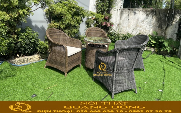 Bàn ghế giả mây QD-2092 được làm từ nguyên liệu cao cấp phù hợp với không gian ngoài trời