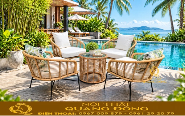 Bàn ghế giả mây QD-2116 thiết kế bàn tròn mặt kính cường lực 8ly