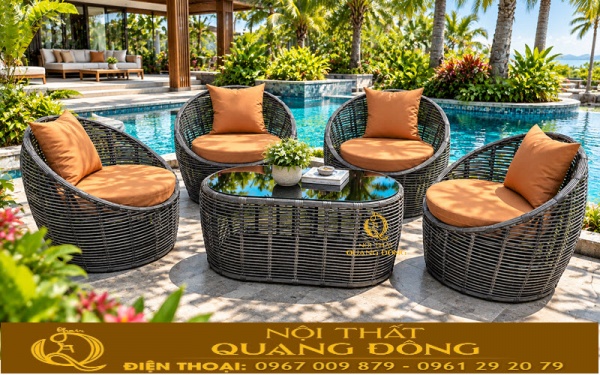 Bàn ghế giả mây QD-2117 được trang bị nệm gối êm ái cho người dùng
