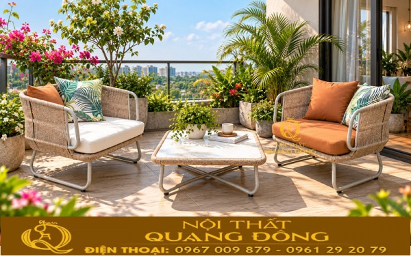 Bàn ghế giả mây QD-2118 được trang bị nệm gối êm ái
