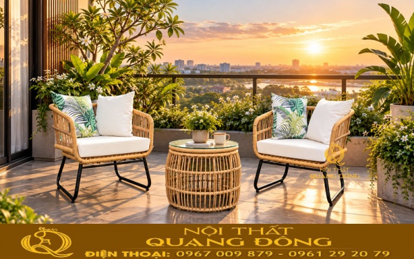 Bàn ghế giả mây QD-2119 được trang bị nệm gối êm ái