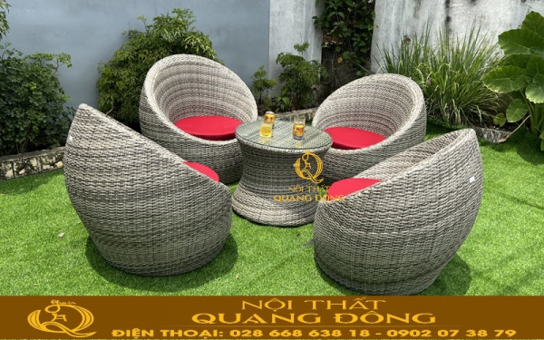 Ghế giả mây hình trứng bộ 4 ghế cho góc sân vườn - gam màu xám chu kỳ